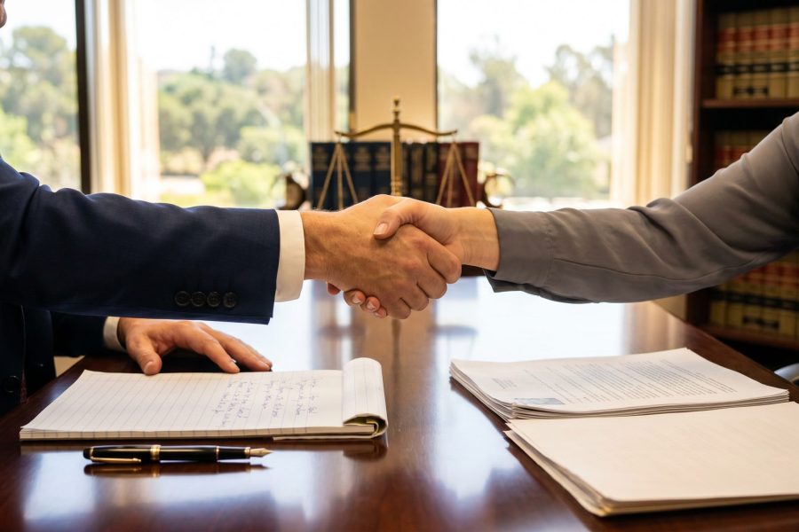 Personal injury attorney shaking hands with a client across a desk in a Temecula law office, scales of justice in the background