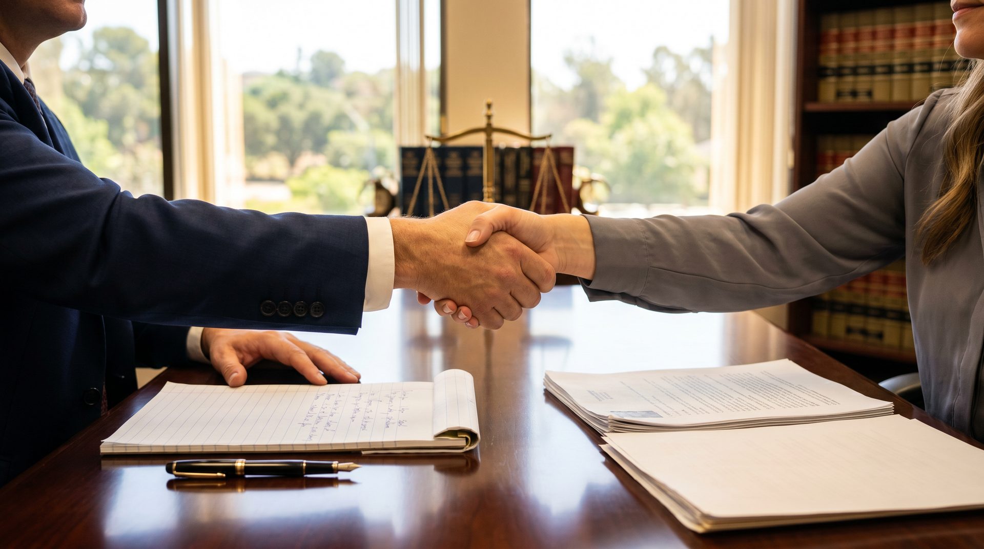 Personal injury attorney shaking hands with a client across a desk in a Temecula law office, scales of justice in the background